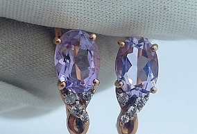 Золотые Серьги  Аметист Фианиты